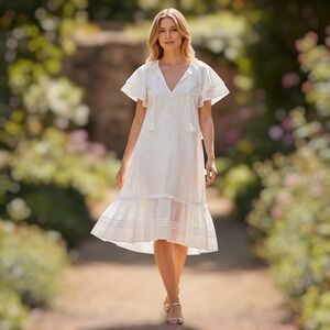 Cleobella White Eyelet Cotton Tassel Womens Boho Prairie Dress Size Large Resort